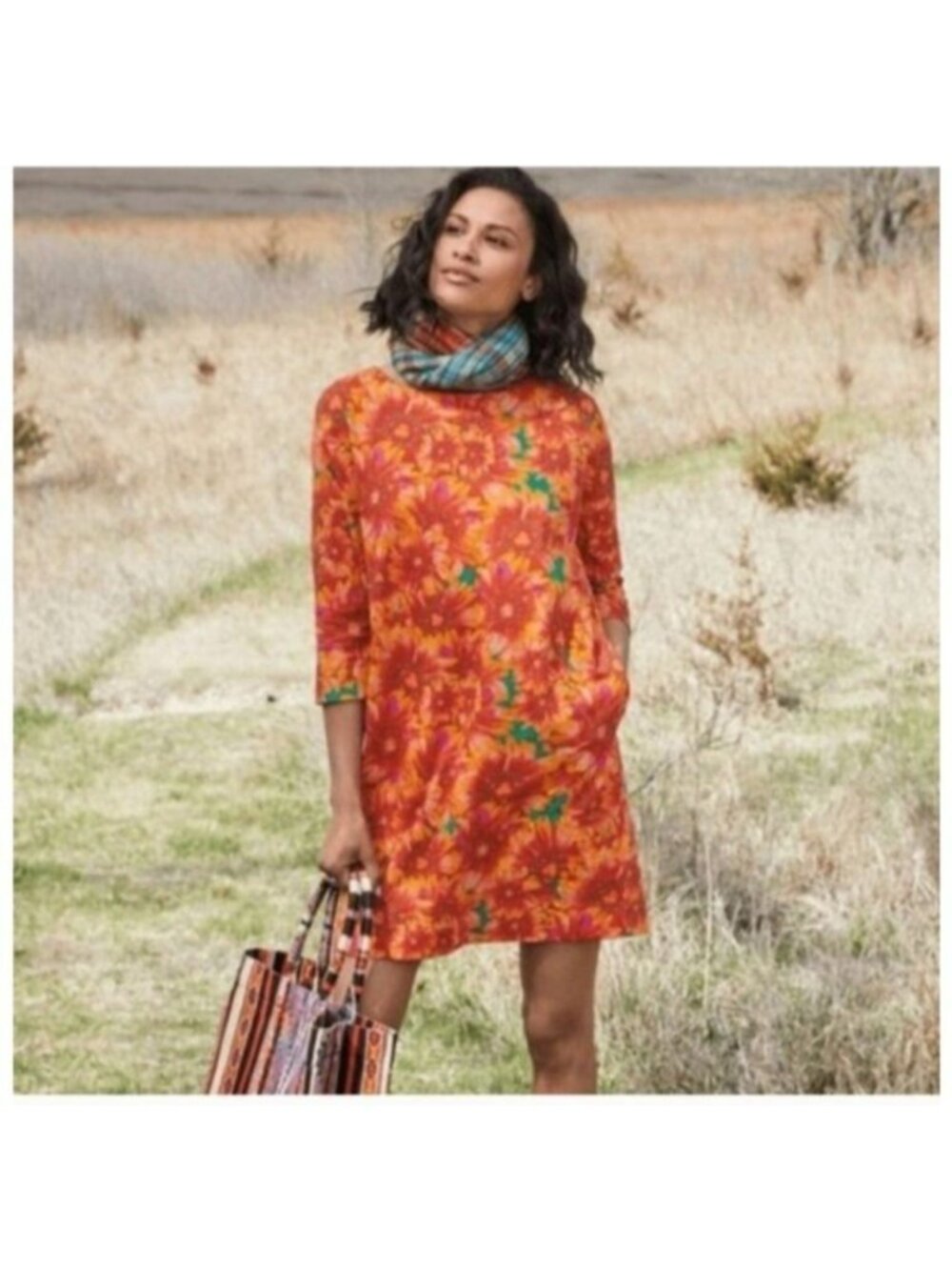 Peruvian Connection Orange and Green Floral Midi Dress